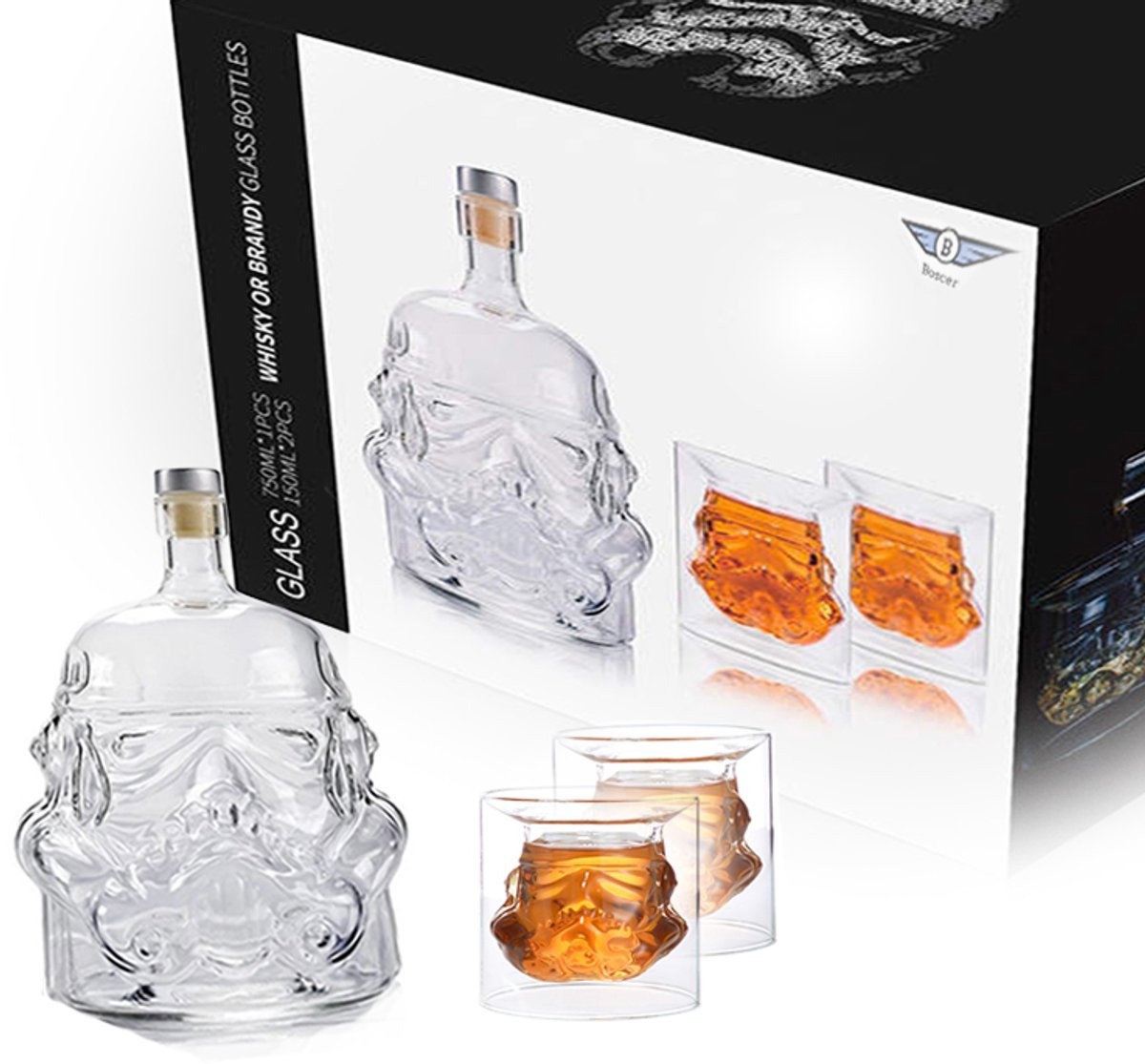 Boscer Whisky Karaf - Sci-Fi Helm Design - Luxe Whiskyset - Karafset - Wijn Decanteerkaraf - Inclusief 2 Glazen en 650ML Karaf