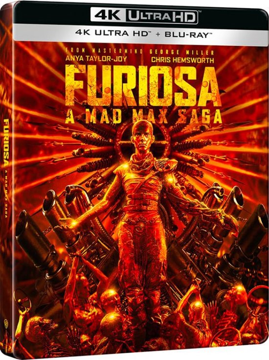 4K Ultra HD Blu-ray hoes van Furiosa: A Mad Max Saga met Anya Taylor-Joy in het midden, omringd door mechanische elementen.