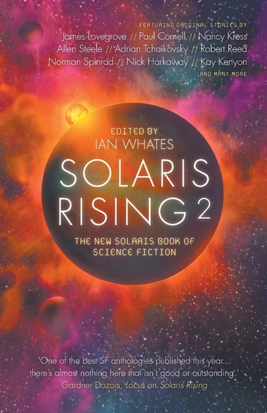 Boekomslag Solaris Rising 2. Een zonsverduistering met kosmische gloed, sterren, planeten en de tekst 'Solaris Rising 2'.