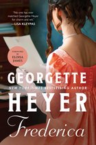 Boekcover van 'Frederica' door Georgette Heyer. Een vrouw in een oranje jurk leest een brief.