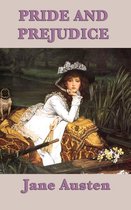 Boekhoes Pride and Prejudice van Jane Austen met een vrouw in een witte jurk en hoed, zittend in een boot met een hondje.