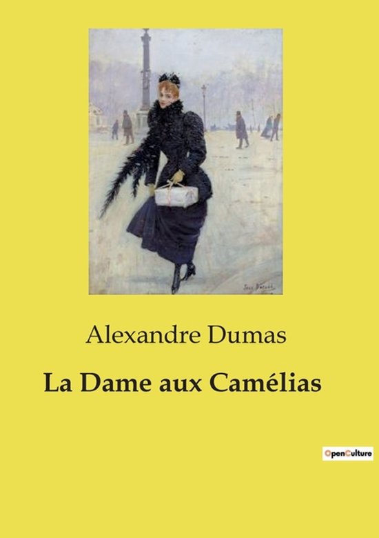 Page de titre de La Dame aux Camélias d'Alexandre Dumas avec une peinture d'une femme en robe noire.