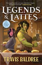 Boekkaft met een ork en een succubus in een koffietentje. Titel: Legends & Lattes.
