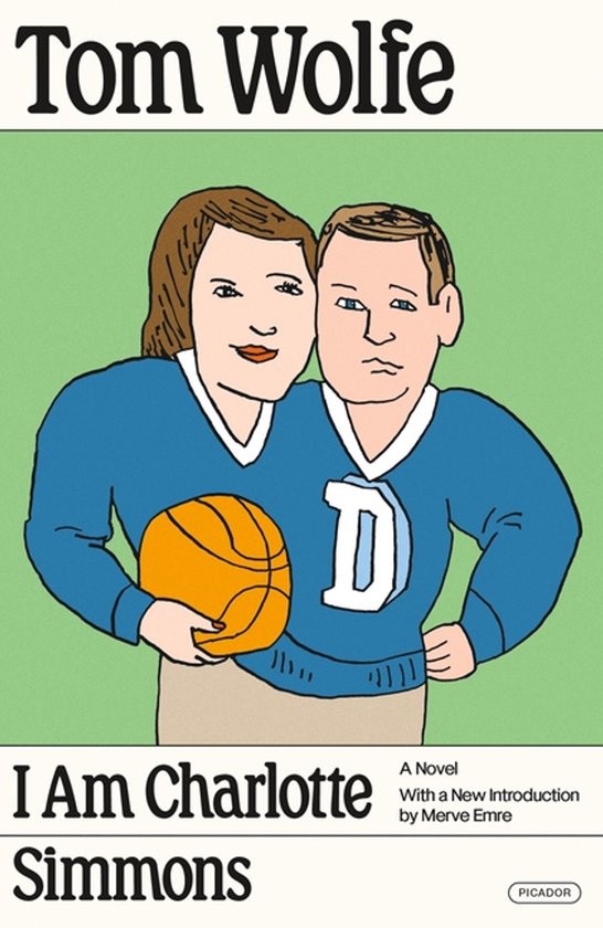Couverture du livre 'I Am Charlotte Simmons' par Tom Wolfe, illustrée de deux personnes en tenue de sport tenant un ballon de basket.