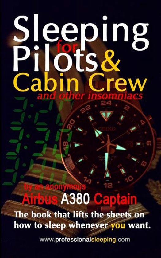 Boekomslag met de titel 'Sleeping for Pilots & Cabin Crew', met een horloge.
