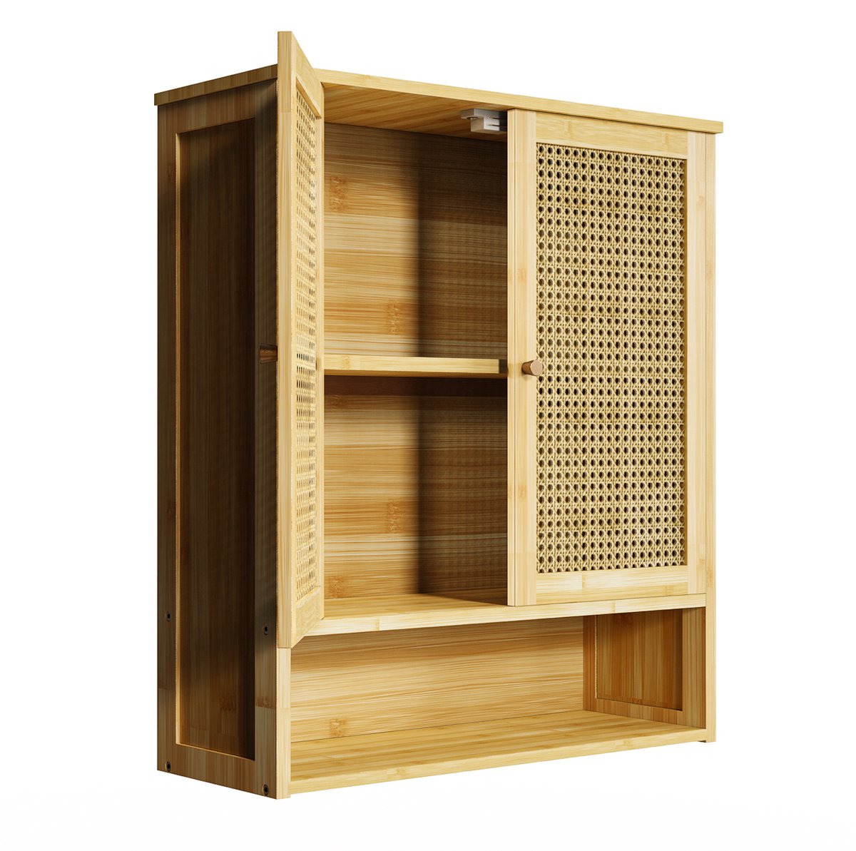 unho Badkamer Wandkast - Houten Opbergkast - 2 Rotan Deuren en Open Planchet - Muurbevestiging Medicijnkast Unit - Hangend Over Het Toilet - voor Was, Keuken, Woonkamer en Hal - 59x20.5x66.5cm