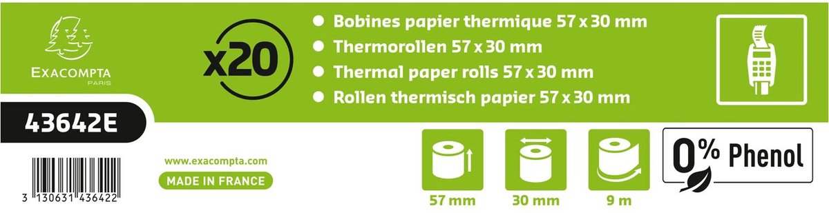 Exacompta 120x Bankterminal rollen 57x30mm - 1 laag thermisch papier 55g/m2 - zonder Phenol - Wit - 43642E