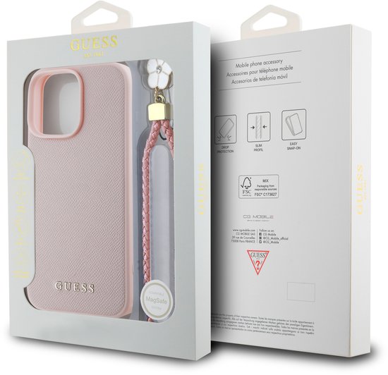 Guess Grained Backcover geschikt voor MagSafe met Flower Charm Strap geschikt voor iPhone 16 Pro Max - Roze
