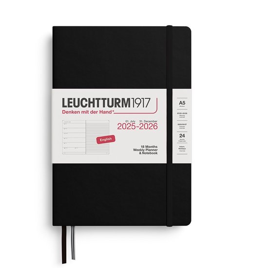 Leuchtturm1917 A5 Medium Weekly Planner & Notebook 2025/2026 (18 mnds) hardcover Black