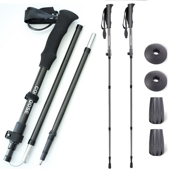 Wandelstokken – 2 Stuks – Carbon Trekking Stokken – Verstelbaar & Opvouwbaar – Telescopisch en Inschuifbaar – Lichtgewicht Hiking Wandelstokken – Outdoor – Zwart - Cadeau voor Vaderdag