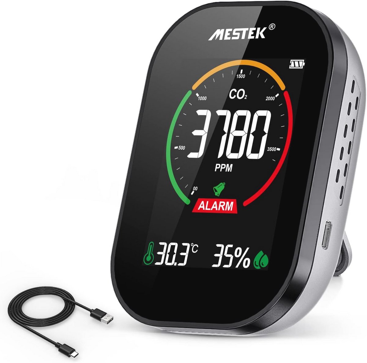 CO2 Monitor Temperatuur en Vochtigheid Tester voor Binnengebruik - Draagbare Luchtkwaliteitsmeter met LCD Scherm en Alarmfunctie
