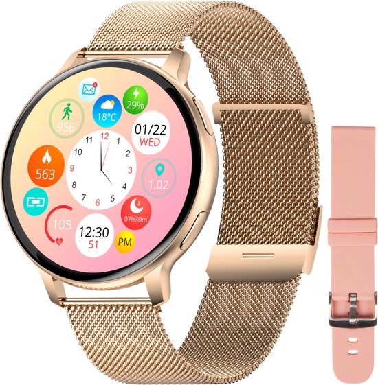 Nuvance - Montre Connectée Femme - Incl. Bracelet en acier inoxydable et Siliconen - Mesure Sport, sommeil et corps - Or rose