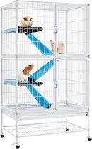 Kooi voor kleine dieren, metalen kooi voor kleine huisdieren, konijnenhok met 4 wielen, kooi met 2 afneembare hellingen en platforms, wit , HMTM-10029-BC-WIT