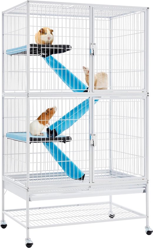 Kooi voor kleine dieren, metalen kooi voor kleine huisdieren, konijnenhok met 4 wielen, kooi met 2 afneembare hellingen en platforms, wit , HMTM-10029-BC-WIT