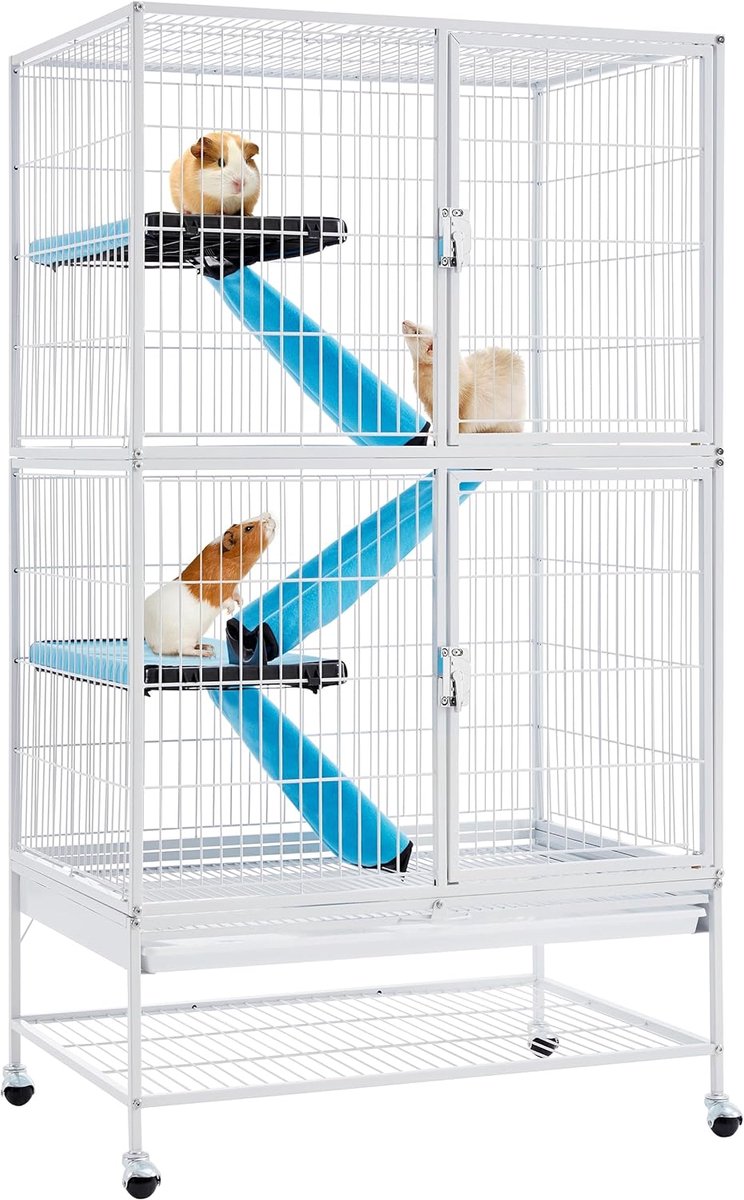 Kooi voor kleine dieren, metalen kooi voor kleine huisdieren, konijnenhok met 4 wielen, kooi met 2 afneembare hellingen en platforms, wit , HMTM-10029-BC-WIT