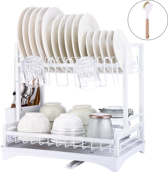 Behave Afdruiprek met Lekbak - Inclusief Afvoer - Afwasborstel - Afwasrek - Met Bestekhouder - 2 Laags - Ruimtebesparend - Metaal - Wit