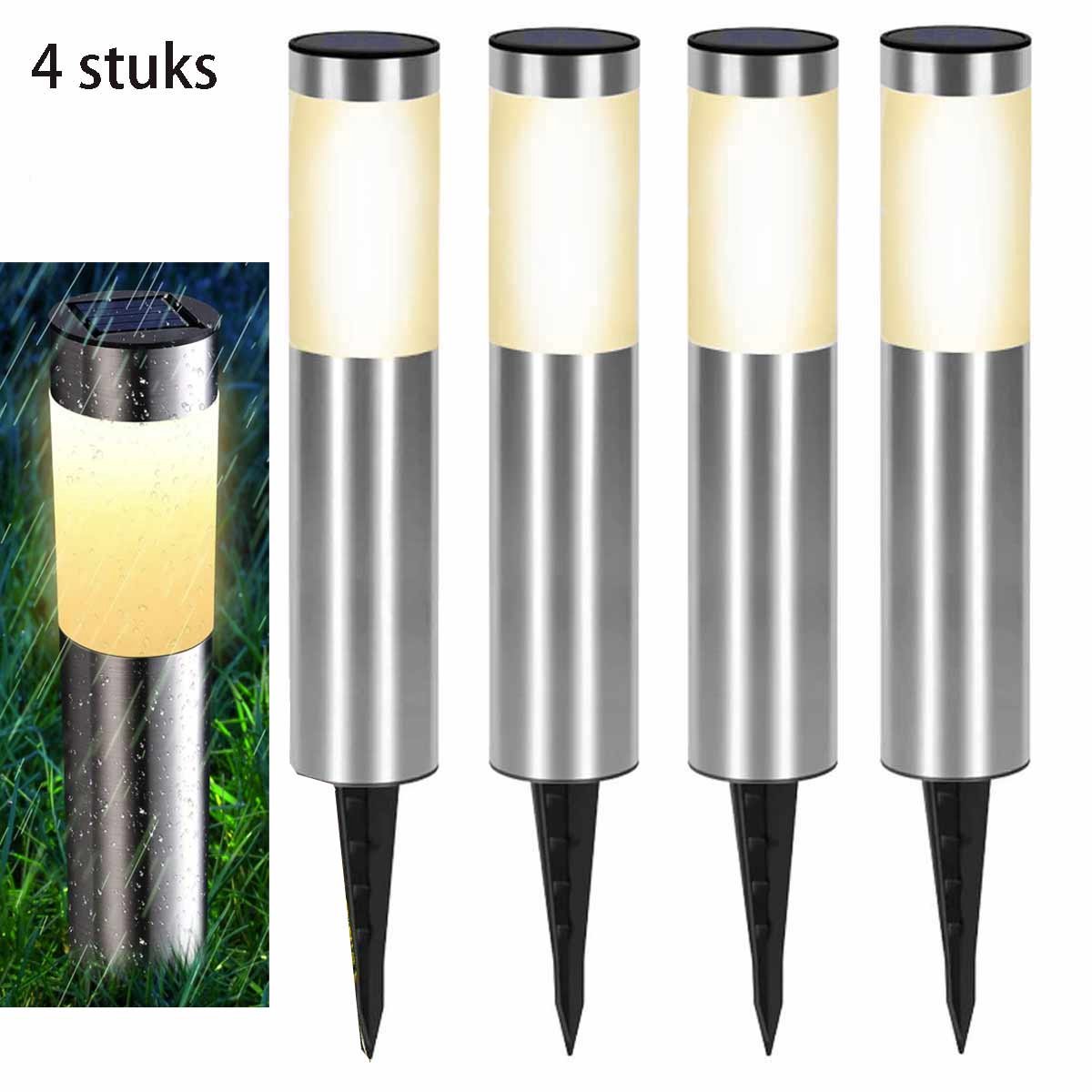 Meedeer Tuinverlichting op zonne energie-Solar Tuinlamp-Padverlichting-4Stuks Solar Tuinverlichting-Warm licht-Zonne verlichting voor buiten-buitenlamp-landschap stok lamp buiten-Gazon lamp Cilindrisch steek lichten zaklamp straatlantaarn(Zilver)