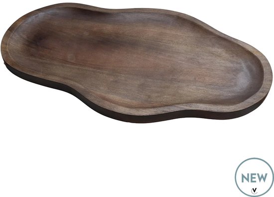 Ovalen houten dienblad van walnoothout met een organische vorm.