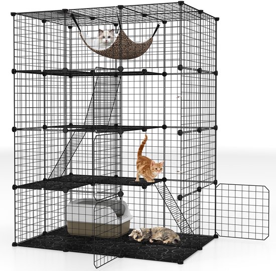 COSTWAY Kattenhuis, Kattenkooi 4 verdiepingen, grote kattenren met hangmat, 3 ladders, 4 deuren en dakraam, afneembare kennel, metalen draadkooi voor katten, kleine dieren binnen, zwart (109,5 x 74 x 142 cm)