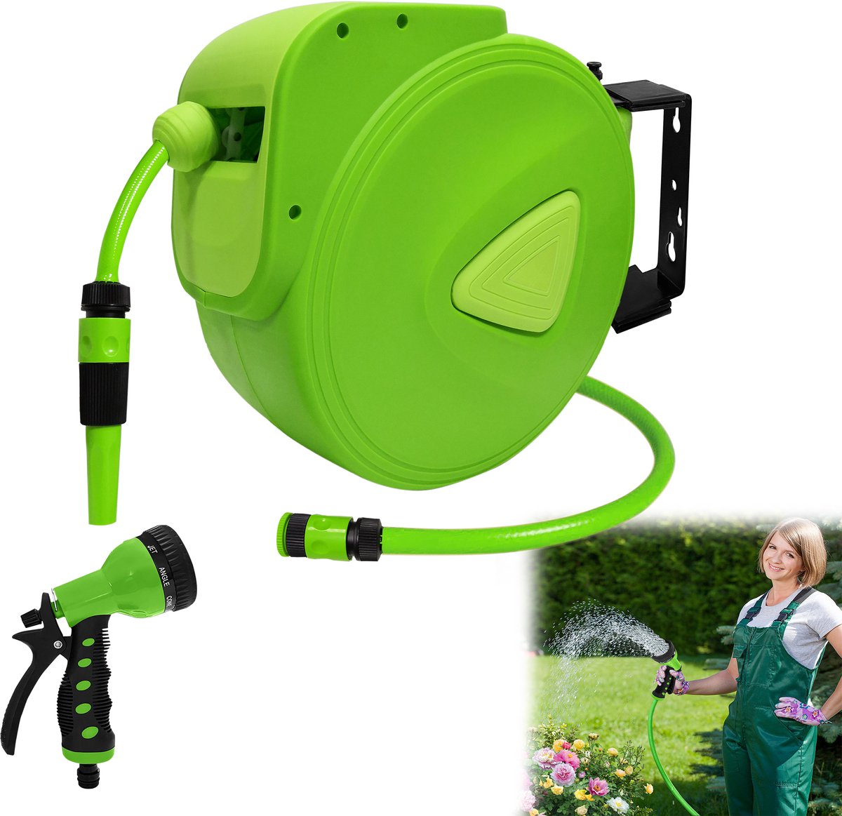 Froadp Automatische slanghaspel, 30 m Wandmontagebox met 180° draaibare aansluiting. Ideaal voor tuin, autowassen, camping of irrigatie