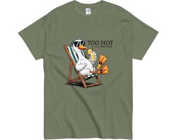 Grappig en Vrolijk T Shirt Dames Heren - Cartoon Gans - Quote Tekst: Too Hot To Function - Khaki Groen - L
