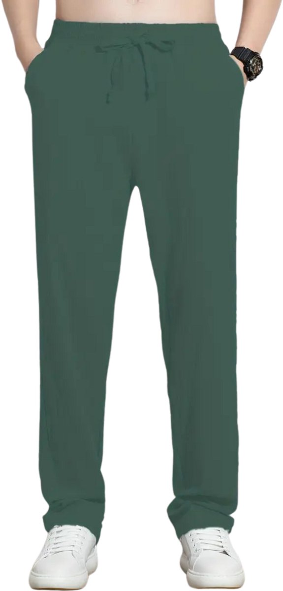 Nivard Linnen Broek Heren Zomerbroek Volwassenen Lange Broek Pantalon Strandbroek Zomer Ibiza Stijl Donkergroen