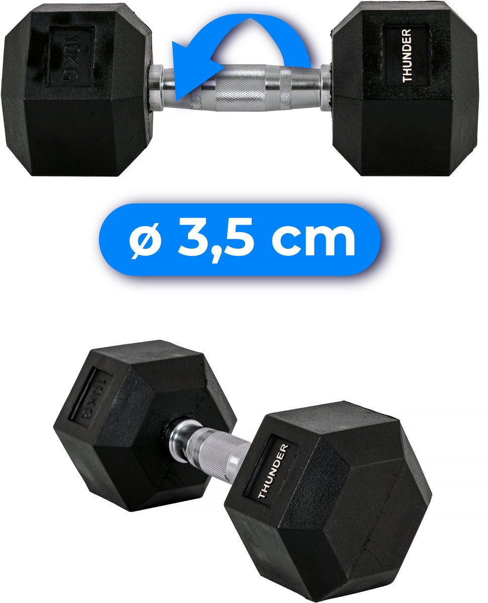 THUNDER® HEXAGONAL-DUMBBELLS-10KG Zwarte Rubberen Halter Stalen Kern Voor Krachttraining & Fitness Antislip Duurzaam & Professioneel Per Stuk - Stevige Grip – foto 4