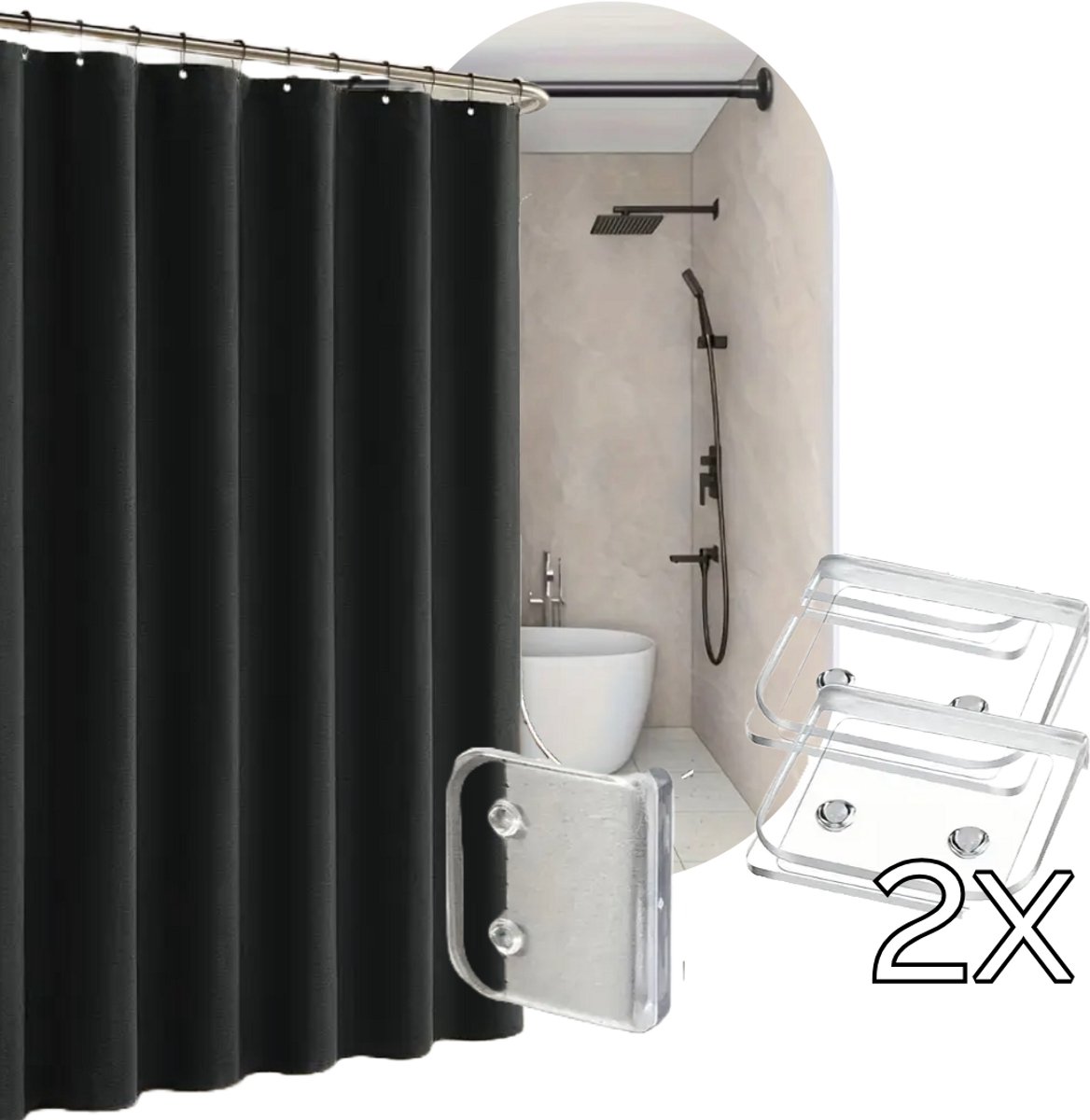 Nordic Luxe Douchegordijn 180x200 cm - Structuurstof met Linnenlook, Anti-Plak & Elegante Scandinavische Look - Zwart Douche Gordijn