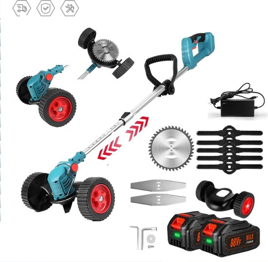 Traumheim® 3-in-1 Kantenmaaier – Elektrische Grastrimmer – Bosmaaier – Grasmaaier – Draadloos & Elektrisch – Incl. 2 Accu ‘s & Snellader - met wielen-blauw