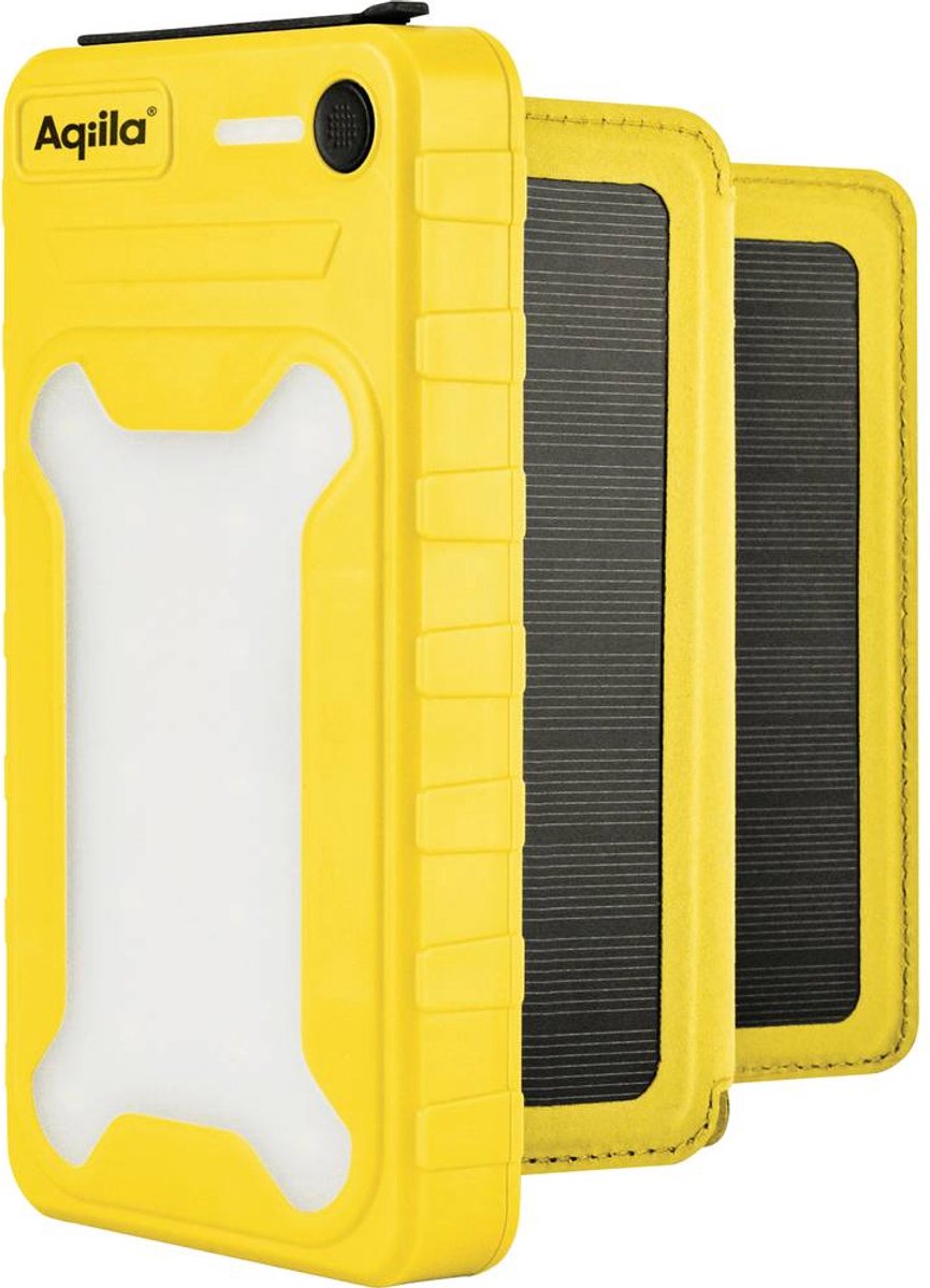 Aqiila Solar Powerbank 10000mAh, 20W, Uitklapbare zonnepanelen, 1x USB-C, 1x USB-A, IP54, ingebouwde LED-lamp, Zonne oplader Powerbird Geel