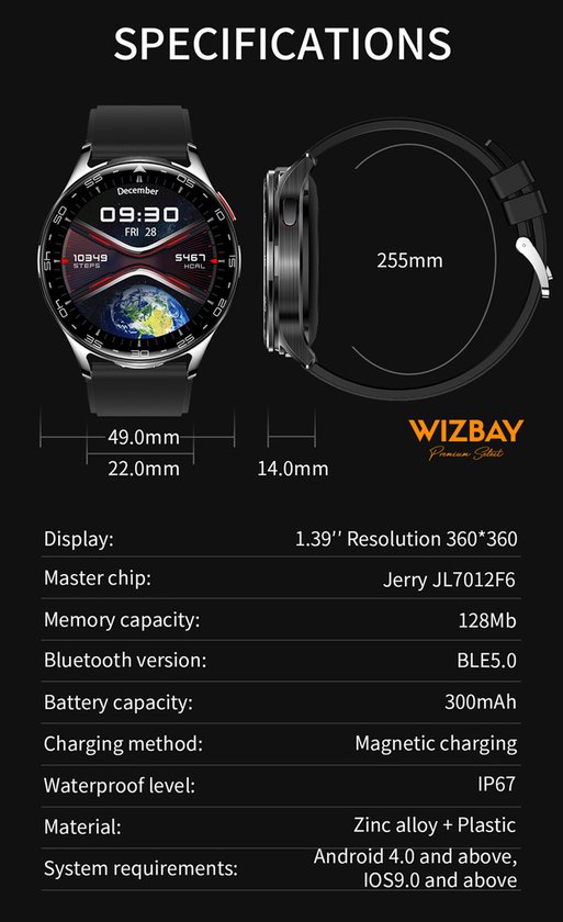 Specificaties van de smartwatch: afmetingen en technische details.