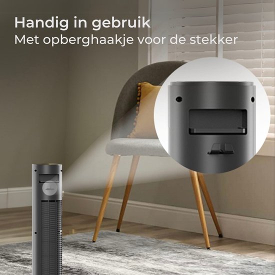 Zwarte CoolHome torenventilator met opberghaakje voor de stekker, detailopname.