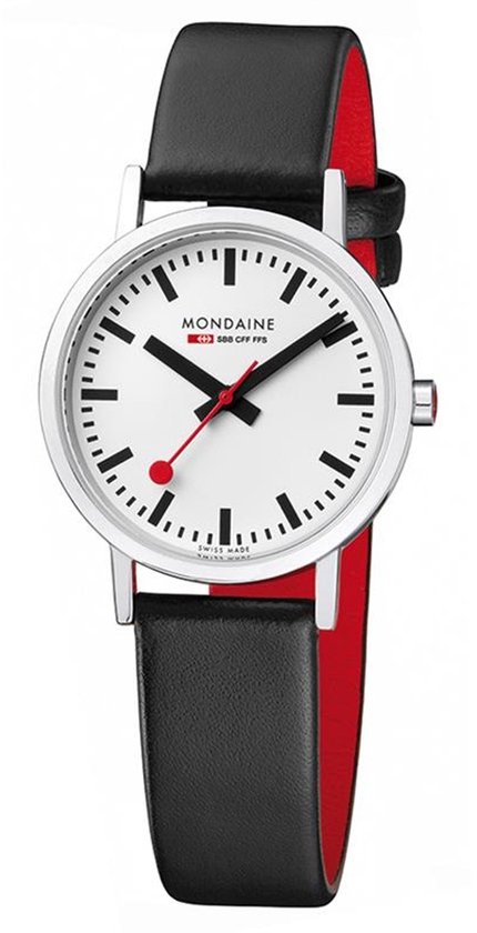 Mondaine SBB dameshorloge met witte wijzerplaat, zwarte band met rode voering.