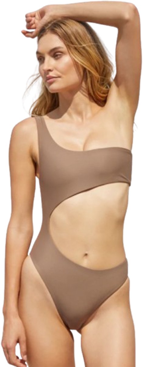 Goedkoopste Beige One Shoulder Bodysuit – Cut Out Monokini – Sexy Asymmetrisch