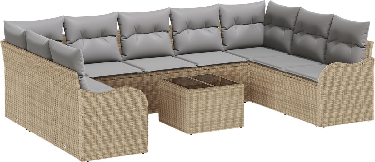 vidaXL - Tuinbank - Set - met - kussen - 10 - pcs - beige - en - lichtgrijs - Poly - rattan