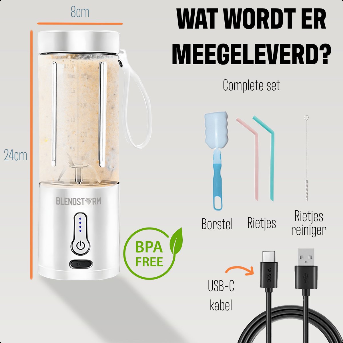 BlendStorm® Draagbare Blender - Draadloze Blender - Draadloos - Blenders - Blender To Go - 6 Mesjes - Mini Blender - Smoothie Maker - Juicer - Keukenmachine - USB Oplaadbaar - 500 ml - Wit – foto 6