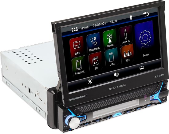Caliber autoradio met 7-inch klapscherm dat is uitgeschoven, met zichtbare functies en knoppen.