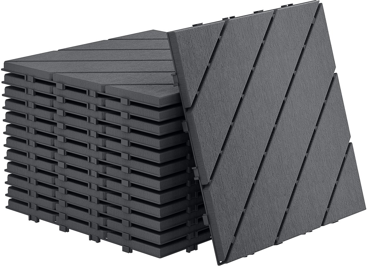 Aufun 11-Delige Balkontegels 30X30Cm, Terrastegels In Houtlook, Waterdichte Kunststof Tuintegels Met Kliksysteem, Vloerbedekking Voor Balkon, Terras, Buitenruimte, Antraciet, 1M² Tye B