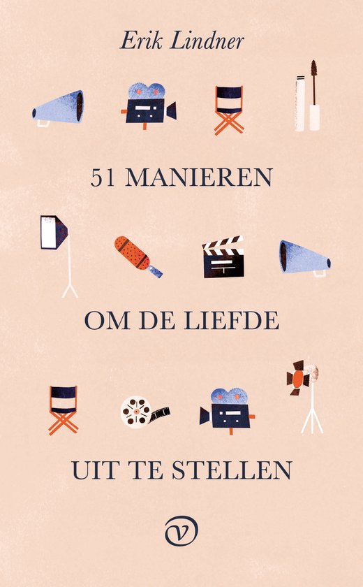 Boek "51 MANIEREN OM DE LIEFDE UIT TE STELLEN" door Erik Lindner, met filmgerelateerde illustraties op een perzikkleurige achtergrond.