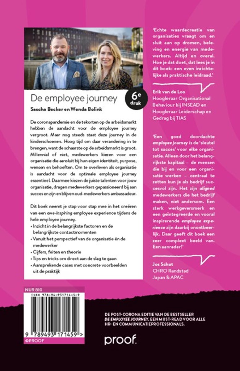 Achterkant van het boek "De employee journey" met een foto van twee personen, tekst en QR-code. Titel: "Nieuwe inzichten, cijfers & cases".