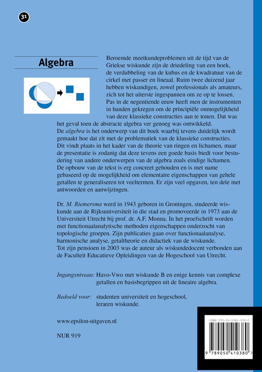 Livre "Algèbre" avec un cercle bleu avec un triangle et deux carrés bleus, et du texte néerlandais.