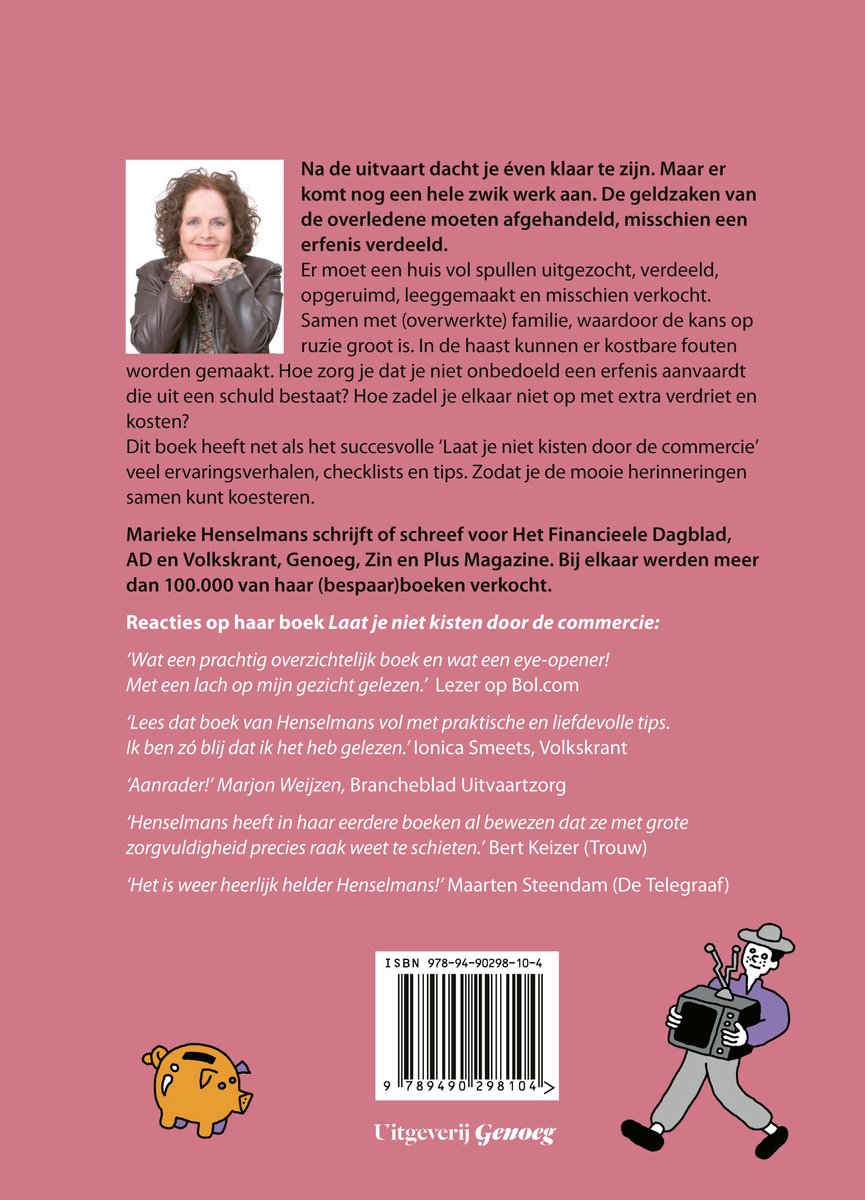Achterkant van een boek met een portretfoto van Marieke Henselmans en tekst over het boek.