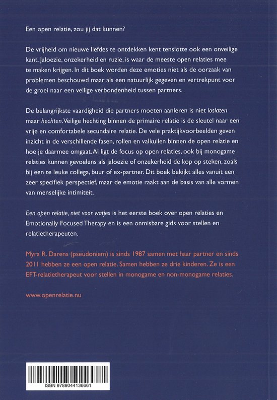 Boek met tekst over open relaties en een barcode.