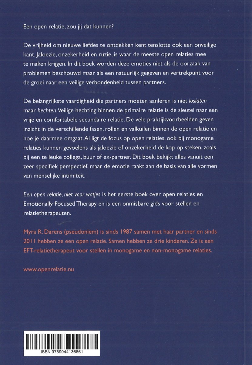 Boek met tekst over open relaties en een barcode.