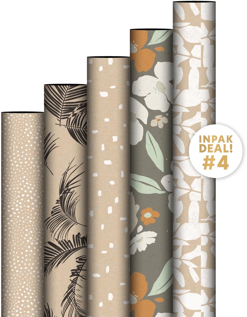 5 rollen cadeaupapier - Kraftpapier met print- Rollen inpakpapier- 50 cm x 3 meter - Kadopapier voor jongeren en volwassenen- FSC