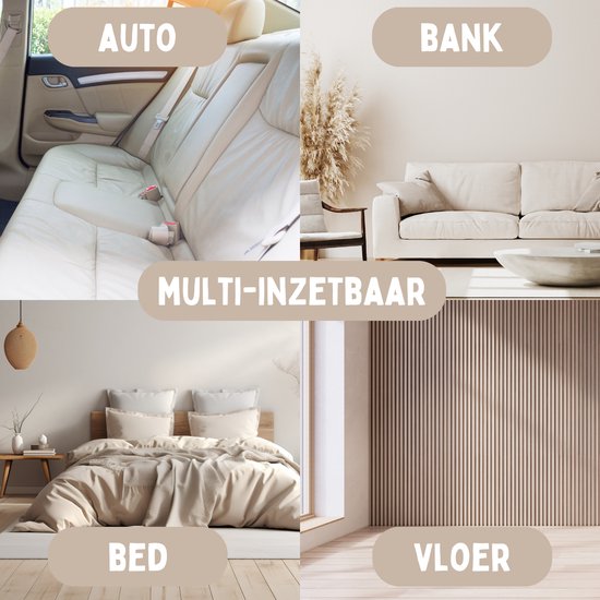 Collage van vier toepassingen van de hondenbank: auto, bank, bed en vloer.