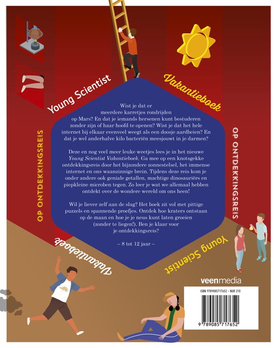 Achterkant Young Scientist Vakantieboek. Teksten en illustraties met kinderen, een ladder en een raket. Geschikt voor 8-12 jaar.