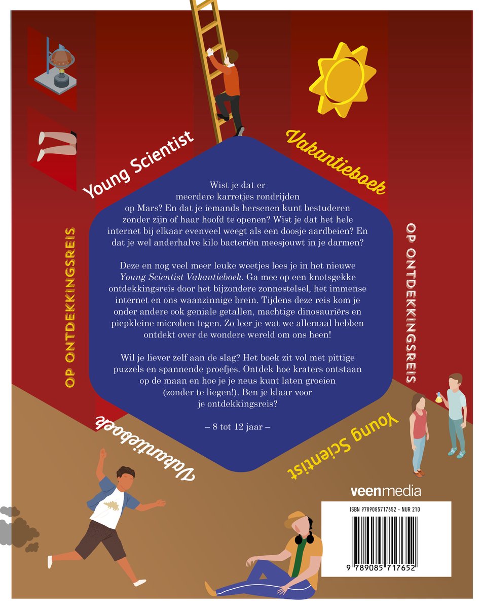 Achterkant Young Scientist Vakantieboek. Teksten en illustraties met kinderen, een ladder en een raket. Geschikt voor 8-12 jaar.