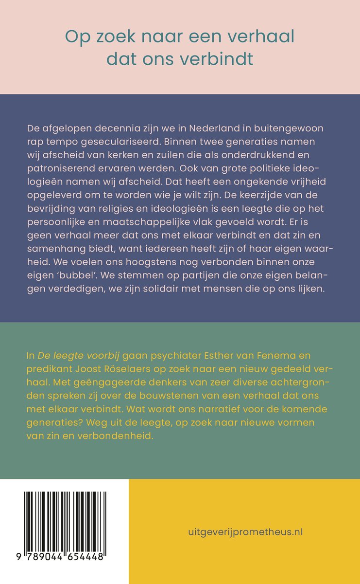 Boekcover met tekst 'Op zoek naar een verhaal dat ons verbindt' en informatie over de inhoud.