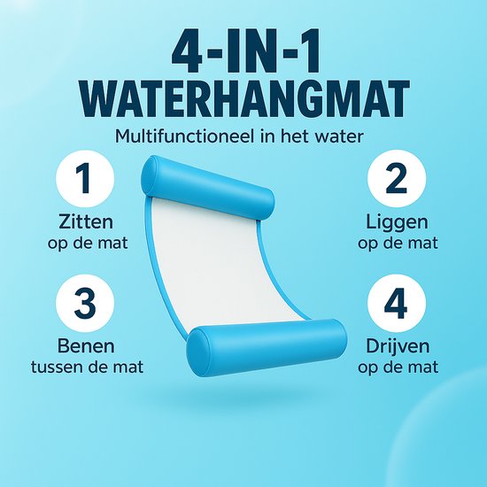 Blauwe 4-in-1 waterhangmat met 4 functies: zitten, liggen, benen ertussen en drijven.